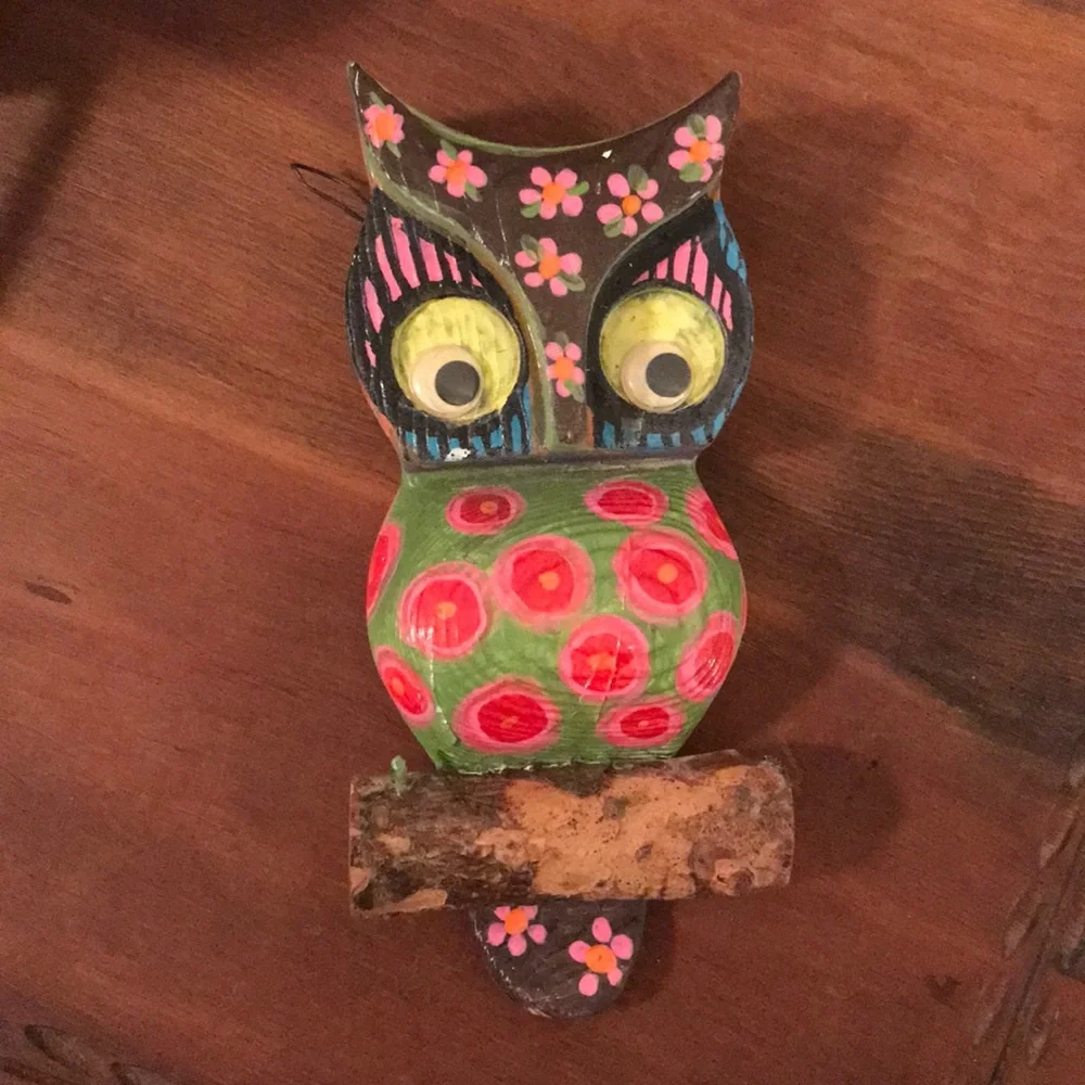 Anthropologie Green & Pink Painted Owl Wall Decor